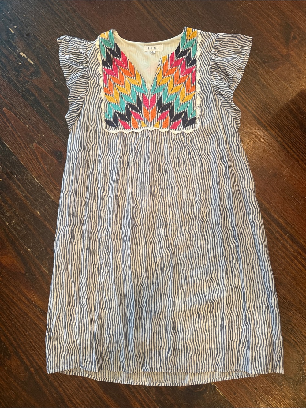 THML Blue and White Striped Dress with Multicolor Embroidered Yoke